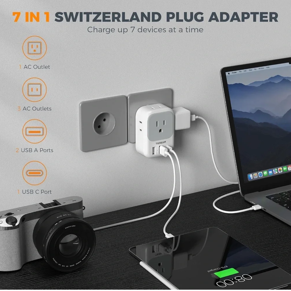 TESSAN Swiss Travel Adapter with USB Ports